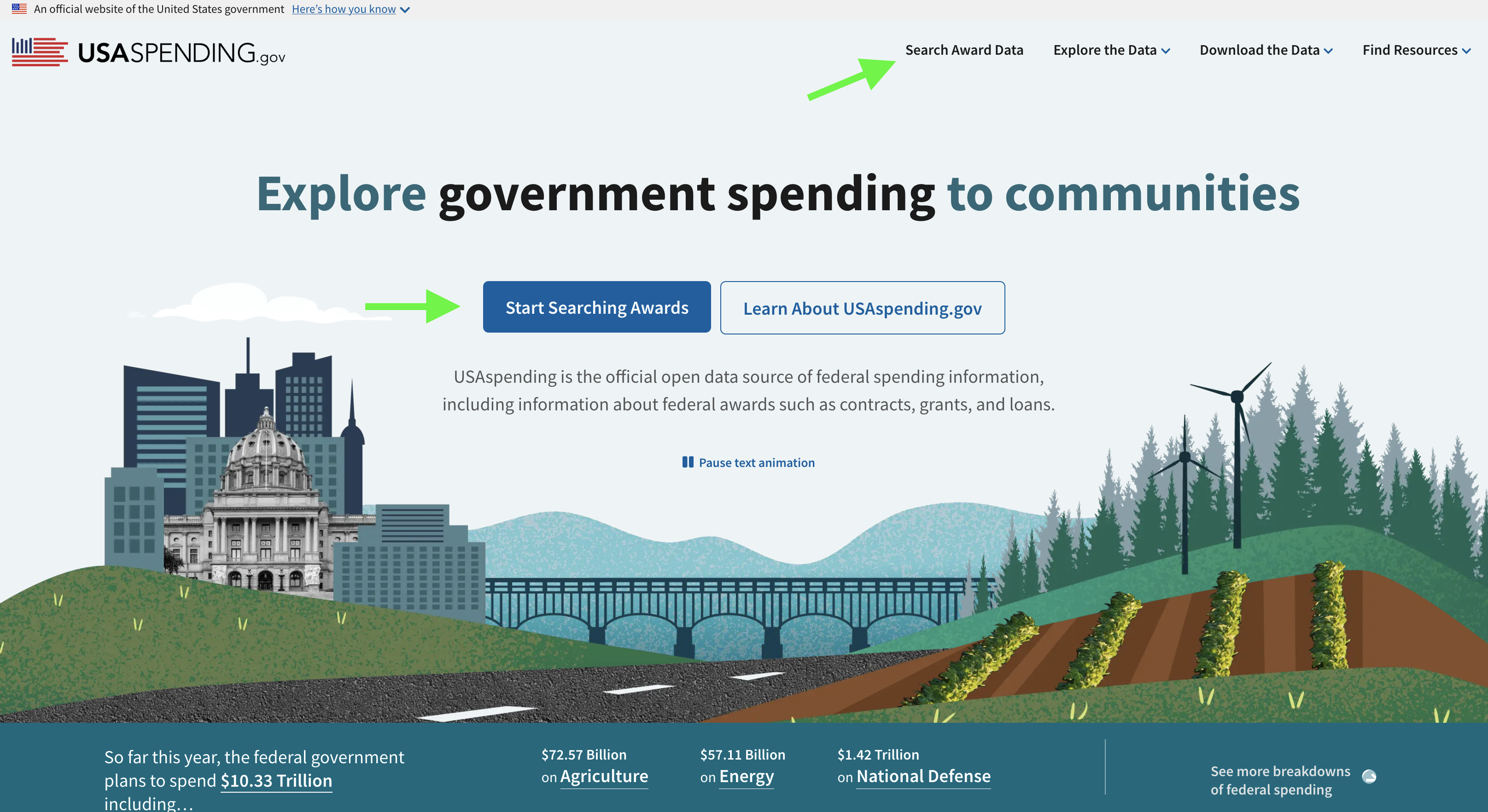 The landing page of USA Spending with arrows pointing to the search links. The landing page of USA Spending with arrows pointing to the search links.